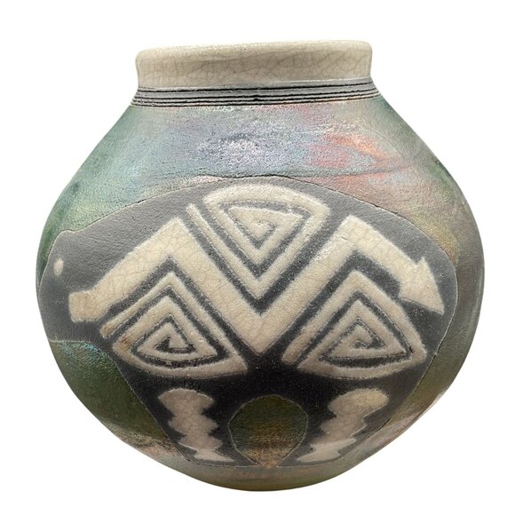 Ben Diller Raku Bear Vase With Native American Design 5.5"H x 5"W Handmade - Picture 1 of 9